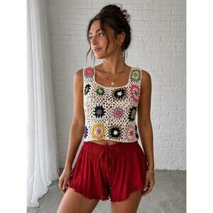 Crochet Granny Square Crop Tank Top Boho Festival Knit Vest Multicolor S/M